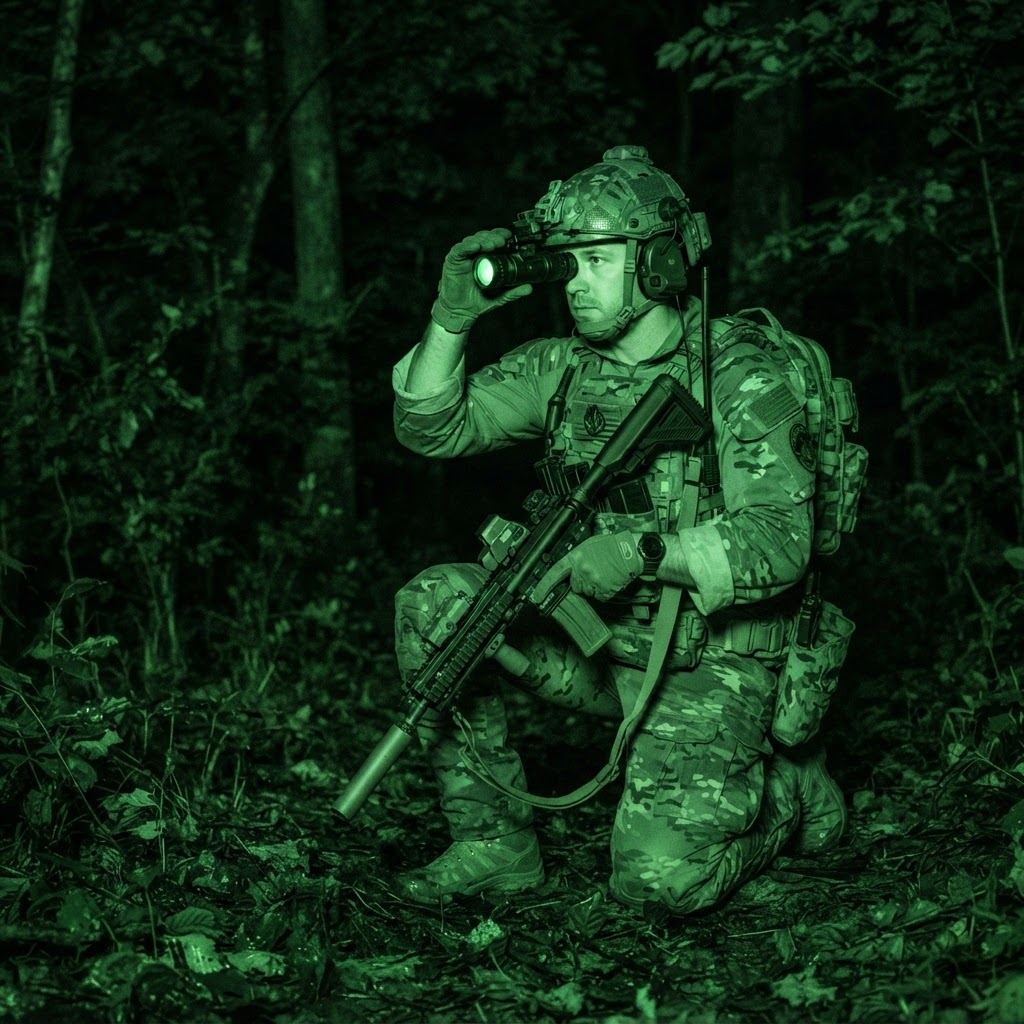 Special forces soldier kneeling at night with night vision